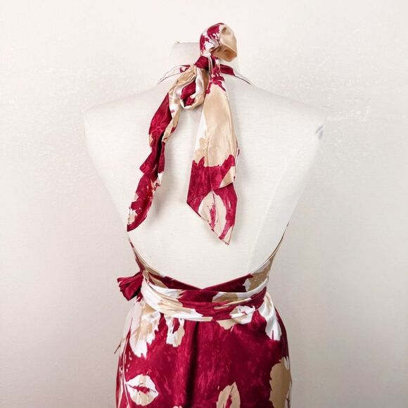 Y2K Vintage BCBG Silk Floral halter Red Mini Dress Wrap Size 4/6 - Picture 5 of 8